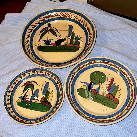 (3) Tlaquepaque Mexican Pottery Nesting Bowls Handmade Folk Art Dishes Stackable - Picture 3 of 15